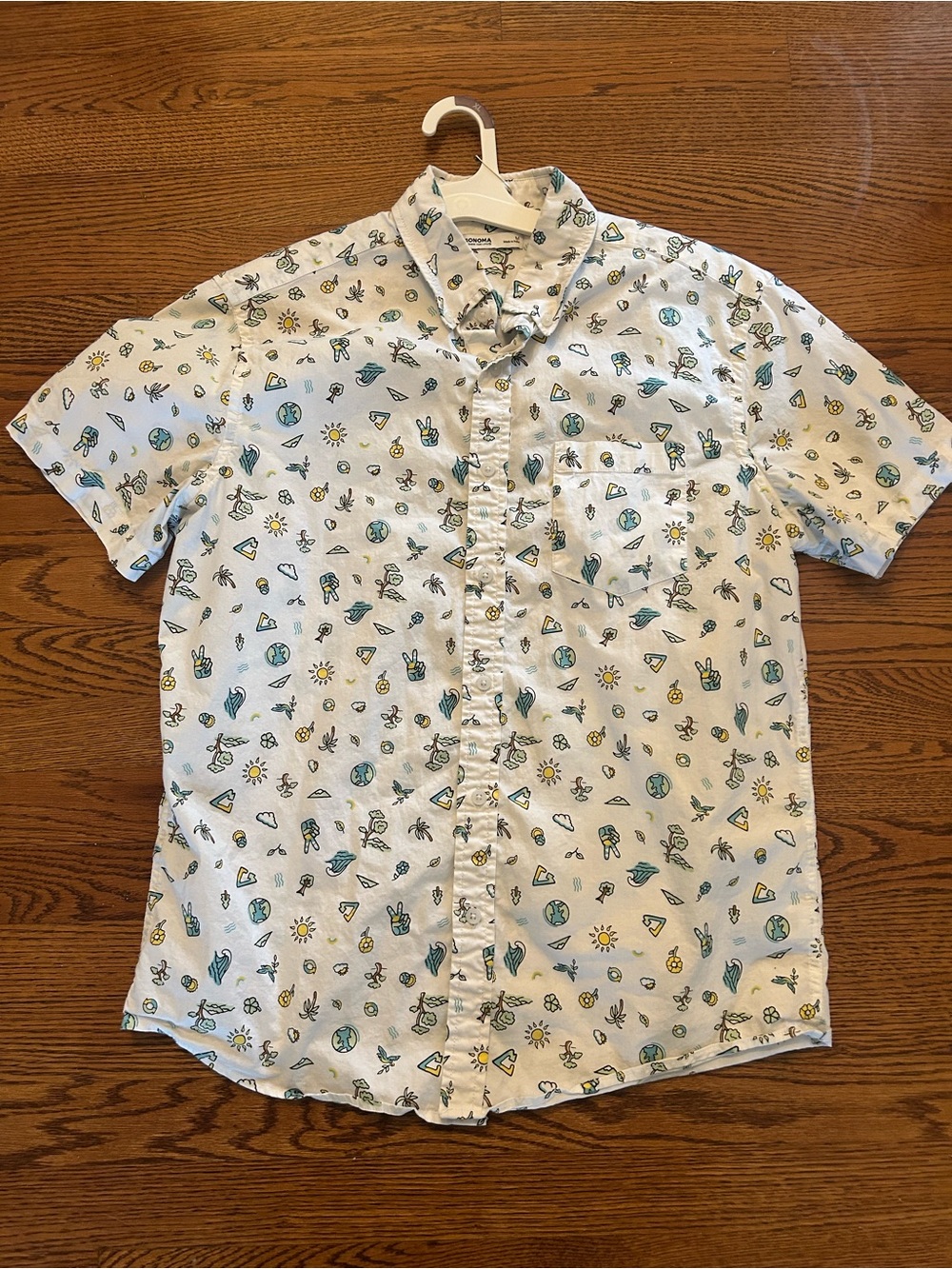 Sonoma White Short-Sleeve Button-Down Shirt with Teal & Yellow Print
